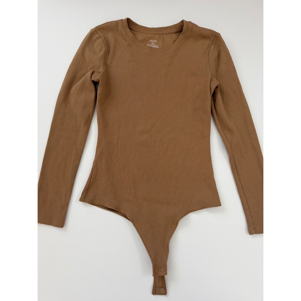 Nuuds Women Ribbed Long Sleeve Bodysuit Tan Brown Crew Neck Size M